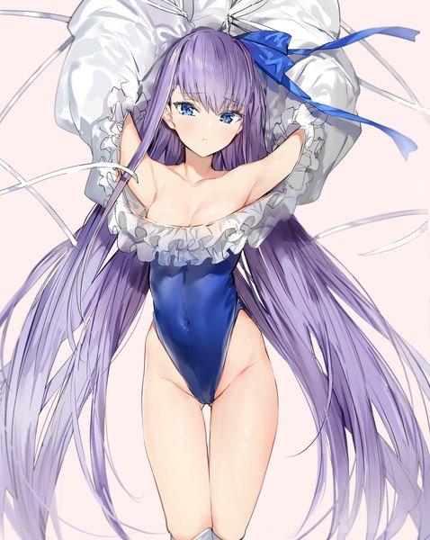 Anime picture 1500x1880 with fate (series) fate/grand order meltryllis (fate) meltryllis (swimsuit lancer) (fate) silver (chenwen) single tall image looking at viewer blush fringe breasts blue eyes light erotic simple background hair between eyes standing bare shoulders payot cleavage purple hair