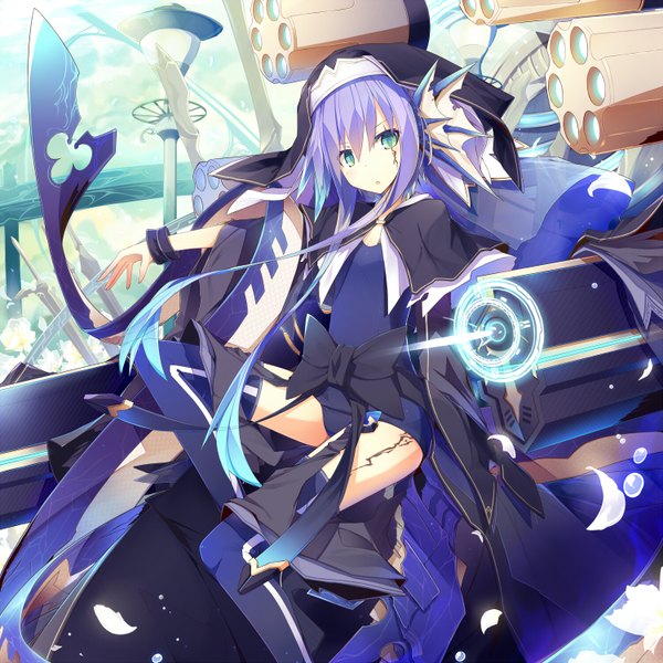 Anime picture 1500x1500 with original ichiyan (artist) single long hair breasts open mouth light erotic green eyes purple hair multicolored hair aqua hair :o flat chest gradient hair scar girl thighhighs flower (flowers) bow weapon