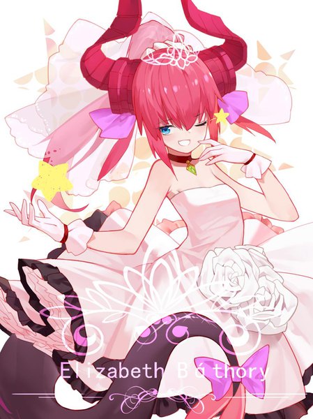 Anime picture 877x1172 with fate (series) fate/grand order fate/extra fate/extra ccc elizabeth bathory (fate) (all) elizabeth bathory (fate) erlge single long hair tall image fringe blue eyes smile hair between eyes pink hair ponytail tail one eye closed horn (horns) character names