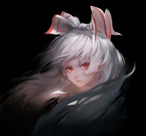 Anime picture 1879x1761 with touhou fujiwara no mokou sola7764 single long hair looking at viewer highres simple background red eyes silver hair black background portrait angry girl bow hair bow