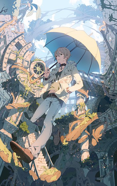 Anime picture 800x1260 with original fajyobore single tall image looking at viewer fringe short hair smile hair between eyes brown hair full body bent knee (knees) sunlight open jacket from below hand in pocket ruins weightlessness boy plant (plants)