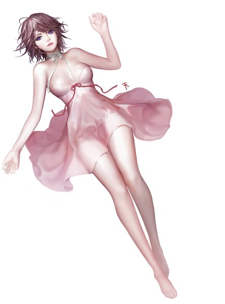 Anime picture 900x1213 with original ddongu single tall image looking at viewer short hair breasts light erotic simple background brown hair white background purple eyes bare shoulders lying barefoot from above realistic bare legs no shoes girl