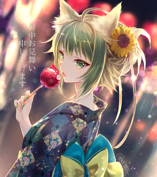 Anime-Bild 889x1000 mit fate (series) fate/grand order fate/apocrypha atalanta (fate) miyuki ruria single long hair tall image fringe hair between eyes green eyes animal ears looking away upper body ahoge nail polish traditional clothes japanese clothes hair flower green hair