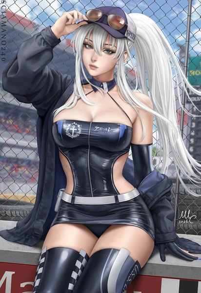 Anime picture 878x1280 with azur lane enterprise (azur lane) enterprise (wind catcher) (azur lane) sciamano240 single long hair tall image looking at viewer fringe breasts blue eyes light erotic hair between eyes large breasts sitting signed payot sky cloud (clouds) outdoors