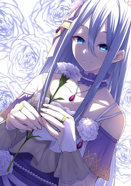 Anime picture 2200x3111 with project sekai yoisaki kanade tamago sando single long hair tall image looking at viewer blush fringe highres blue eyes smile hair between eyes fingernails grey hair dutch angle floral background girl dress hair ornament