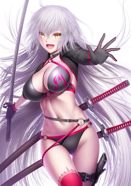 Anime picture 1000x1414 with fate (series) fate/grand order jeanne d'arc (fate) (all) jeanne d'arc alter (fate) jeanne d'arc alter (swimsuit berserker) (fate) masatoki single tall image looking at viewer fringe breasts open mouth light erotic simple background smile hair between eyes large breasts standing white background holding