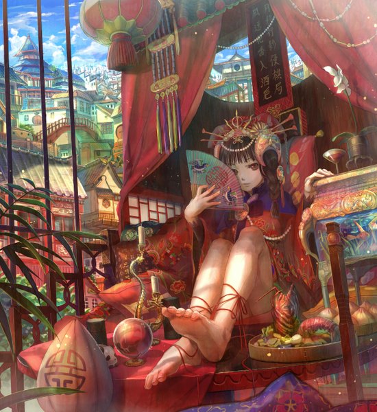 Anime picture 1238x1350 with original fuzichoco single long hair tall image black hair sitting twintails brown eyes barefoot girl hair ornament flower (flowers) plant (plants) food pillow fan candle (candles) house goblet