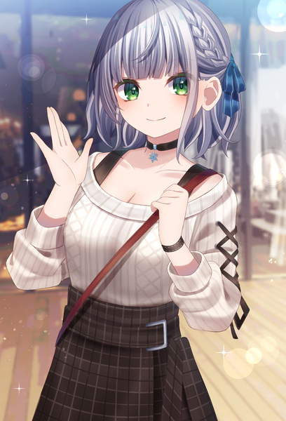 Anime picture 2498x3678 with virtual youtuber hololive shirogane noel shirogane noel (3rd costume) sapphire (sapphire25252) single tall image looking at viewer blush highres short hair smile green eyes silver hair upper body sparkle lens flare official alternate costume plaid skirt waving