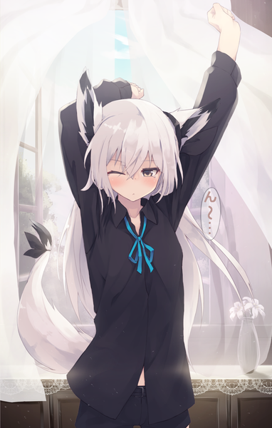 Anime picture 808x1267 with original nagishiro mito single long hair tall image looking at viewer blush fringe hair between eyes standing animal ears yellow eyes sky cloud (clouds) white hair indoors tail long sleeves animal tail one eye closed