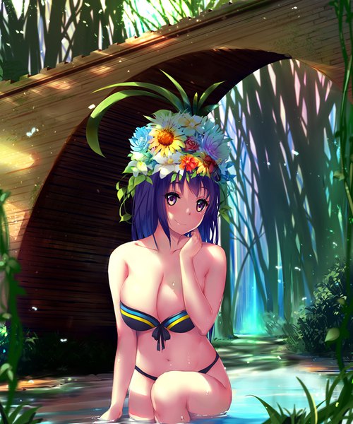 Anime picture 800x960 with original kongeraatio single long hair tall image looking at viewer blush fringe breasts light erotic smile large breasts purple eyes purple hair outdoors hair flower partially submerged girl navel flower (flowers)