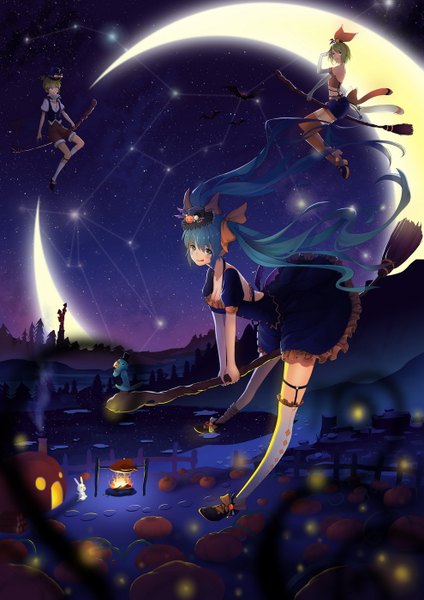 Anime picture 990x1400 with vocaloid hatsune miku kagamine rin kagamine len catcan long hair tall image looking at viewer short hair blue eyes blonde hair twintails multiple girls blue hair night halloween crescent girl thighhighs dress