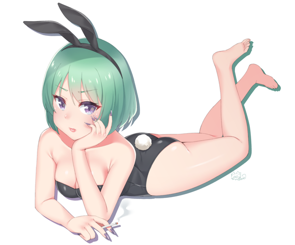 Anime picture 1200x1000 with original reverie soda single short hair breasts light erotic simple background white background purple eyes signed animal ears full body tail lying nail polish animal tail barefoot green hair lips bunny ears