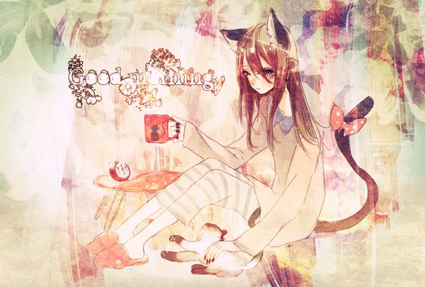 Anime picture 1748x1181 with original totsu hon (artist) long hair highres sitting purple eyes animal ears nail polish animal tail cat ears cat girl cat tail girl bow shoes cat clock cup slippers alarm clock