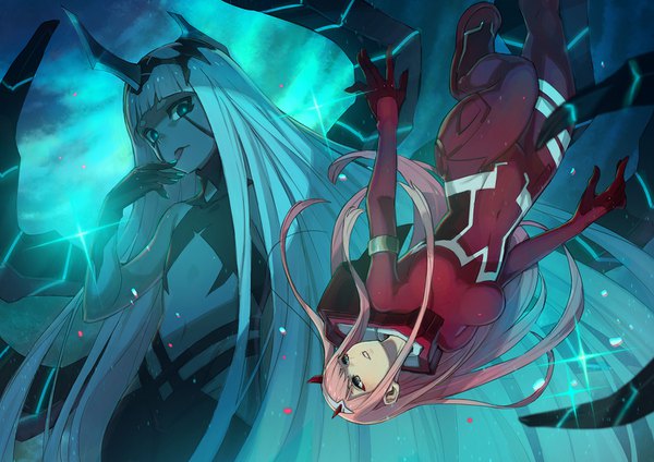 Anime picture 1500x1060 with darling in the franxx studio trigger zero two (darling in the franxx) 001 (darling in the franxx) kusano shinta long hair looking at viewer blush fringe breasts bare shoulders multiple girls green eyes looking away pink hair sky silver hair full body bent knee (knees) blunt bangs