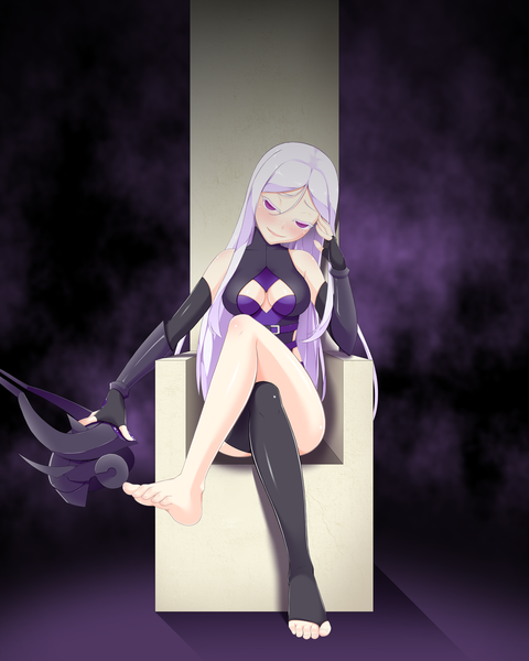 Anime picture 4800x6000 with league of legends syndra flutter single long hair tall image looking at viewer blush fringe highres breasts light erotic smile hair between eyes sitting purple eyes bare shoulders holding payot absurdres