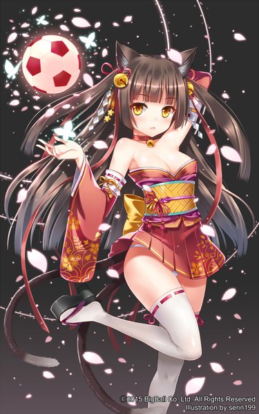 Anime picture 1200x1920 with soccer spirits chitose (soccer spirits) serin199 single long hair tall image light erotic black hair animal ears yellow eyes tail animal tail cat ears cat girl cat tail pantyshot girl thighhighs underwear panties