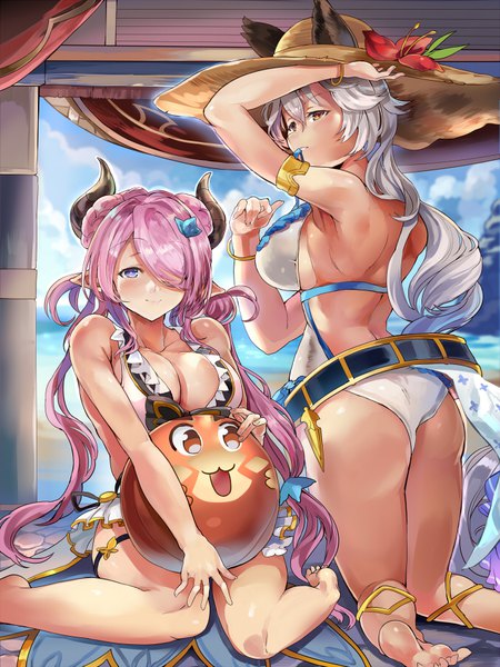 Anime picture 675x900 with granblue fantasy narmaya (granblue fantasy) heles narmaya (summer) (granblue fantasy) heles (summer) (granblue fantasy) himuro (dobu no hotori) long hair tall image looking at viewer blush fringe breasts blue eyes light erotic smile hair between eyes large breasts sitting bare shoulders multiple girls