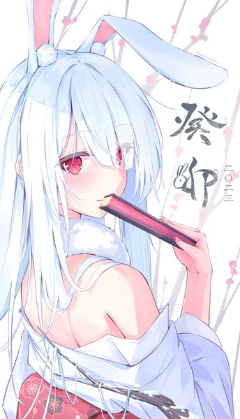 Anime picture 2894x5041 with original daidai (daidai826) single long hair tall image blush highres red eyes animal ears upper body white hair looking back off shoulder bunny ears new year 2023 girl fan closed fan