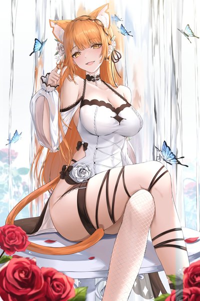 Anime picture 2000x3000 with original kuro (rudyan0128) single long hair tall image looking at viewer fringe highres breasts open mouth light erotic smile large breasts sitting animal ears payot cleavage tail blunt bangs braid (braids)