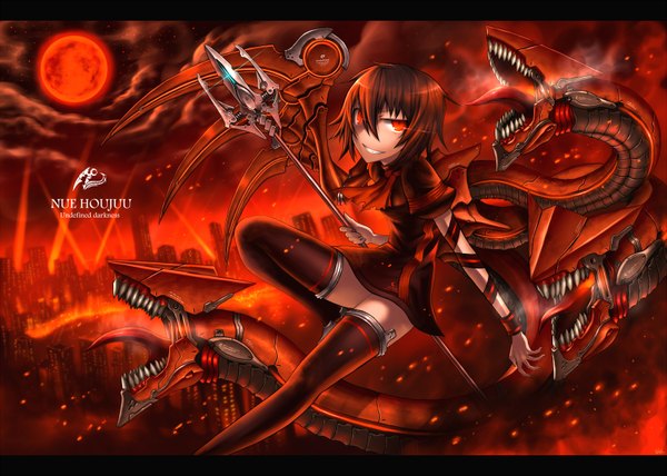 Anime picture 1600x1142 with touhou houjuu nue gia short hair black hair smile red eyes cloud (clouds) letterboxed red background mechanical red moon mechanical wings post-apocalyptic girl thighhighs weapon black thighhighs tongue moon