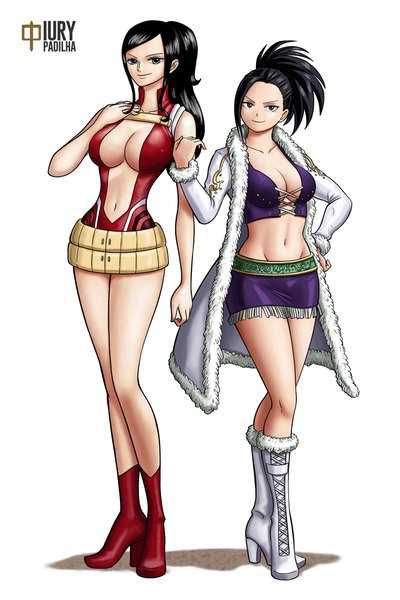 Anime picture 667x1000 with one piece boku no hero academia toei animation studio bones nico robin yaoyorozu momo iury padilha long hair tall image looking at viewer breasts blue eyes light erotic black hair simple background smile large breasts standing white background multiple girls