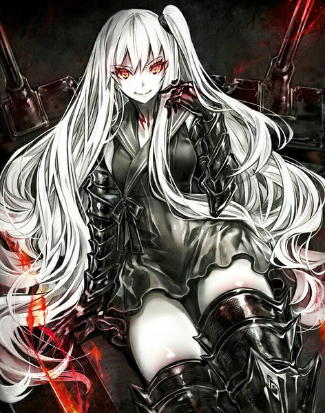 Anime picture 678x862 with kantai collection aircraft carrier hime madogawa single long hair tall image looking at viewer fringe smile red eyes sitting white hair one side up white skin shinkaisei-kan girl dress gloves weapon black gloves