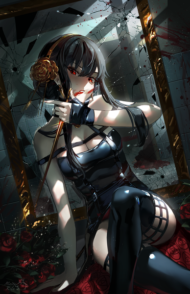 Anime picture 1650x2550 with spy x family yor briar meltyrice single long hair tall image looking at viewer fringe breasts light erotic black hair hair between eyes red eyes sitting cleavage arm support turning head blood on face broken glass girl