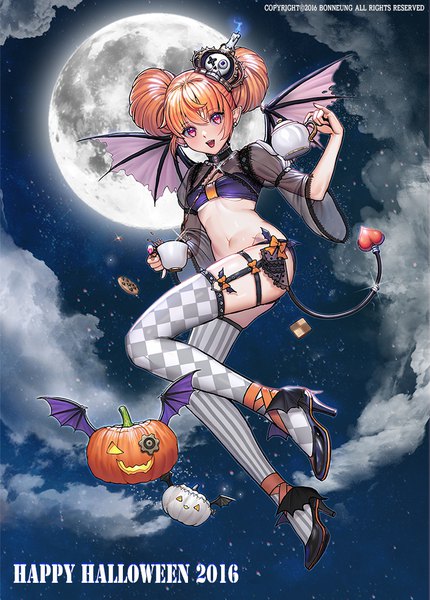 Anime-Bild 700x977 mit original honnou (kjs9504) single tall image looking at viewer fringe open mouth light erotic smile cloud (clouds) full body bent knee (knees) tail pink eyes orange hair no bra bare belly hair bun (hair buns) high heels thighs