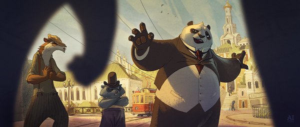Anime picture 1920x816 with kung fu panda po racoon highres open mouth wide image city spread arms crossed arms hat animal shirt necktie white shirt blazer flat cap shrine church panda raccoon