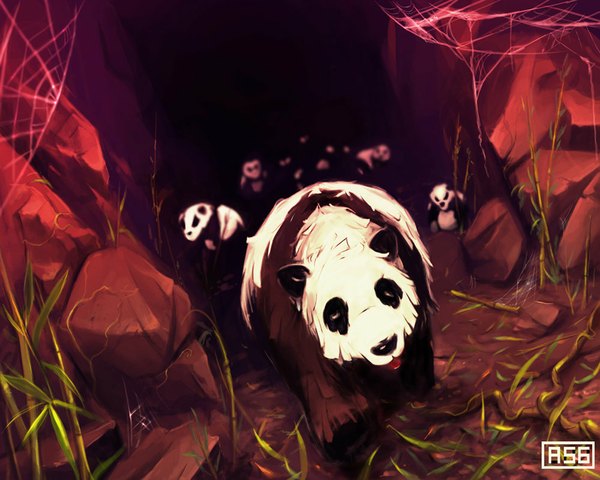 Anime picture 1000x800 with original aquasixio (artist) looking at viewer plant (plants) animal tongue stone (stones) bamboo spider web panda