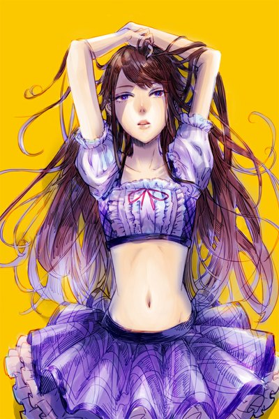 Anime picture 686x1029 with aikatsu! shibuki ran otimusyairoha (yellowhlnch) single long hair tall image looking at viewer fringe simple background brown hair purple eyes purple hair parted lips multicolored hair bare belly short sleeves midriff puffy sleeves plaid skirt gradient hair