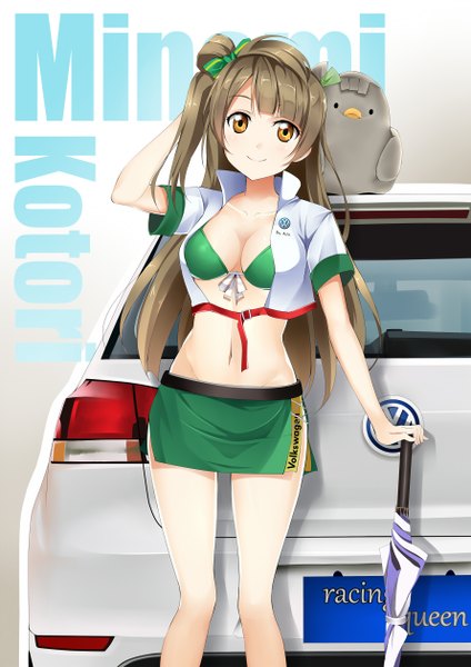 Anime picture 890x1260 with love live! school idol project sunrise (studio) love live! volkswagen minami kotori minami kotori (bird) qiuzhi huiyi single long hair tall image looking at viewer breasts light erotic smile brown hair brown eyes midriff one side up closed umbrella girl