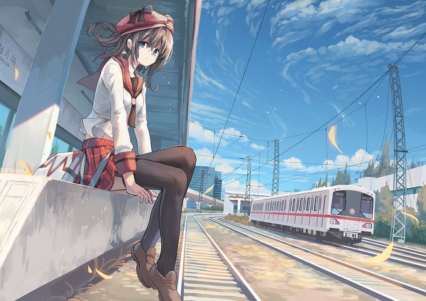 Anime picture 1200x848 with original huanxiang huifeng single long hair looking at viewer fringe blue eyes black hair hair between eyes sitting sky cloud (clouds) full body outdoors long sleeves pleated skirt wind plaid skirt scenic girl