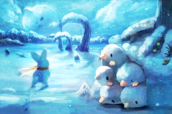 Anime picture 1800x1200 with original hidamarinomi highres sky cloud (clouds) lying eyes closed from behind snowing winter snow flower (flowers) plant (plants) animal scarf bird (birds) grass snowflake (snowflakes) bunny penguin