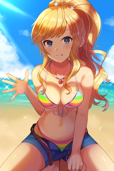 Anime picture 670x1000 with idolmaster idolmaster cinderella girls ootsuki yui z.nov single long hair tall image looking at viewer blush fringe breasts blue eyes light erotic blonde hair smile large breasts sitting bare shoulders payot sky