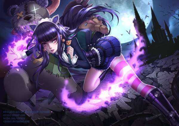 Anime picture 1760x1241 with league of legends annie (league of legends) gu-ko citemer single long hair highres black hair purple eyes night glowing girl thighhighs dress boots moon toy stuffed animal striped thighhighs teddy bear castle