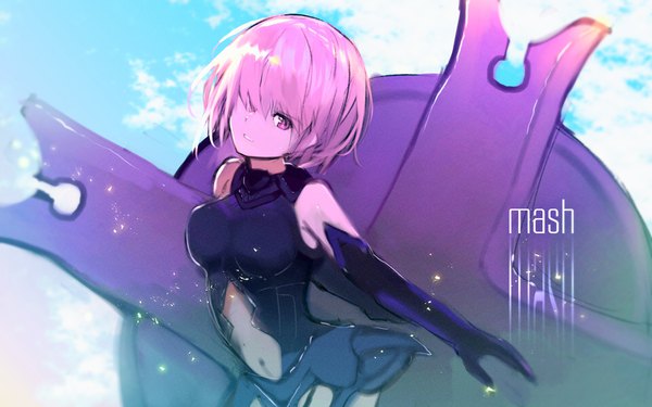 Anime picture 1920x1200 with fate (series) fate/grand order mash kyrielight tarbo (exxxpiation) single looking at viewer fringe highres short hair breasts bare shoulders pink hair sky cloud (clouds) blunt bangs pink eyes light smile hair over one eye inscription bare belly