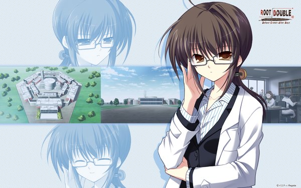 Anime picture 1920x1200 with root double tenkawa miyoko long hair highres black hair wide image brown eyes game cg girl glasses labcoat