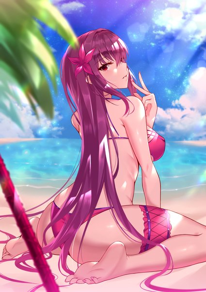 Anime picture 2149x3035 with fate (series) fate/grand order scathach (fate) (all) scathach (swimsuit assassin) (fate) black fire (peter02713) single long hair tall image looking at viewer blush fringe highres breasts light erotic hair between eyes red eyes large breasts sitting bare shoulders sky
