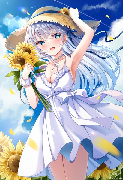 Anime picture 756x1106 with original sakura hiyori single long hair tall image blush open mouth sky cleavage silver hair cloud (clouds) outdoors :d aqua eyes from below lens flare summer wrist scrunchie girl dress