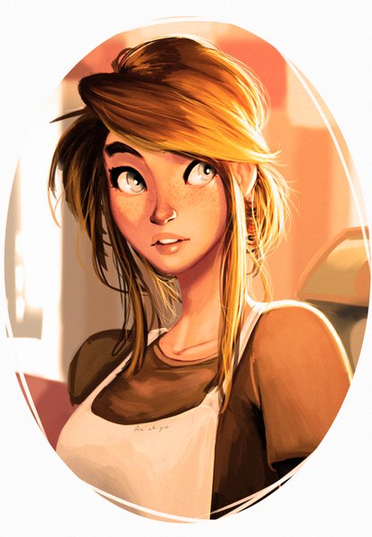 Anime picture 1478x2129 with carlos eduardo single tall image short hair blonde hair brown hair looking away upper body lips portrait eyebrows silver eyes freckles girl clothes