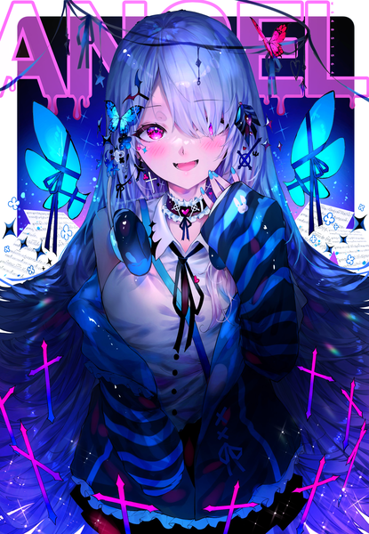 Anime picture 1800x2600 with original w (w64851564) single long hair tall image looking at viewer blush fringe highres open mouth purple hair nail polish :d pink eyes hair over one eye headphones around neck girl hair ornament earrings wings