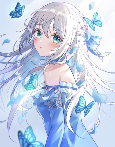 Anime picture 5968x7627 with original shinzousan single long hair tall image blush fringe highres hair between eyes looking away absurdres silver hair upper body aqua eyes half updo girl gloves petals elbow gloves insect