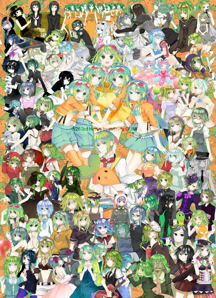 Anime picture 3000x4134 with vocaloid matryoshka (vocaloid) gumi song over tall image highres short hair open mouth blue eyes black hair blonde hair smile red eyes brown hair green eyes blue hair long sleeves green hair light smile grey hair