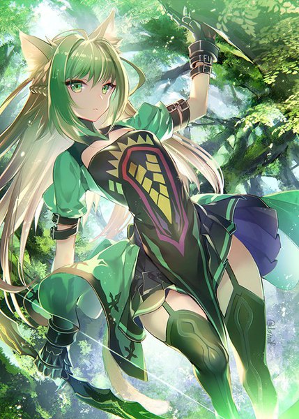 Anime-Bild 572x800 mit fate (series) fate/grand order fate/apocrypha atalanta (fate) miyuki ruria single long hair tall image looking at viewer fringe blonde hair hair between eyes holding green eyes signed animal ears outdoors braid (braids) multicolored hair arm up