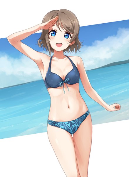 Anime picture 877x1200 with love live! sunshine!! sunrise (studio) love live! watanabe you suke (momijigari) single long hair tall image looking at viewer fringe breasts open mouth blue eyes light erotic smile brown hair standing bare shoulders cleavage cloud (clouds)