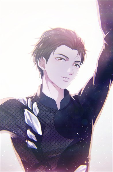 Anime picture 550x839 with yuri!!! on ice mappa katsuki yuuri sasakura34 single tall image looking at viewer fringe short hair black hair simple background white background brown eyes upper body parted lips arm up lens flare backlighting boy