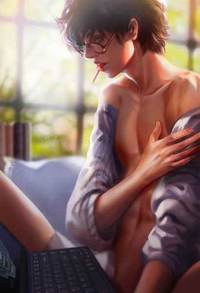 Anime picture 650x950 with original jiuge single tall image fringe short hair blue eyes hair between eyes brown hair sitting holding looking away indoors profile realistic off shoulder open clothes teeth mouth hold muscle