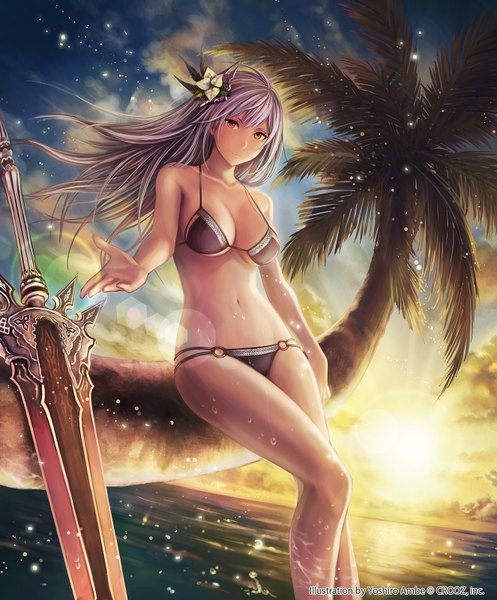 Anime picture 1326x1600 with shinma x keishou! ragnabreak original anbe yoshirou single long hair tall image looking at viewer breasts light erotic red eyes sky silver hair cloud (clouds) hair flower girl navel hair ornament flower (flowers) weapon swimsuit