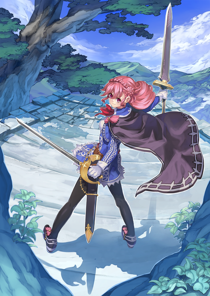 Anime picture 1000x1404 with original sumith single long hair tall image red eyes pink hair cloud (clouds) shadow mountain girl dress weapon plant (plants) sword tree (trees)